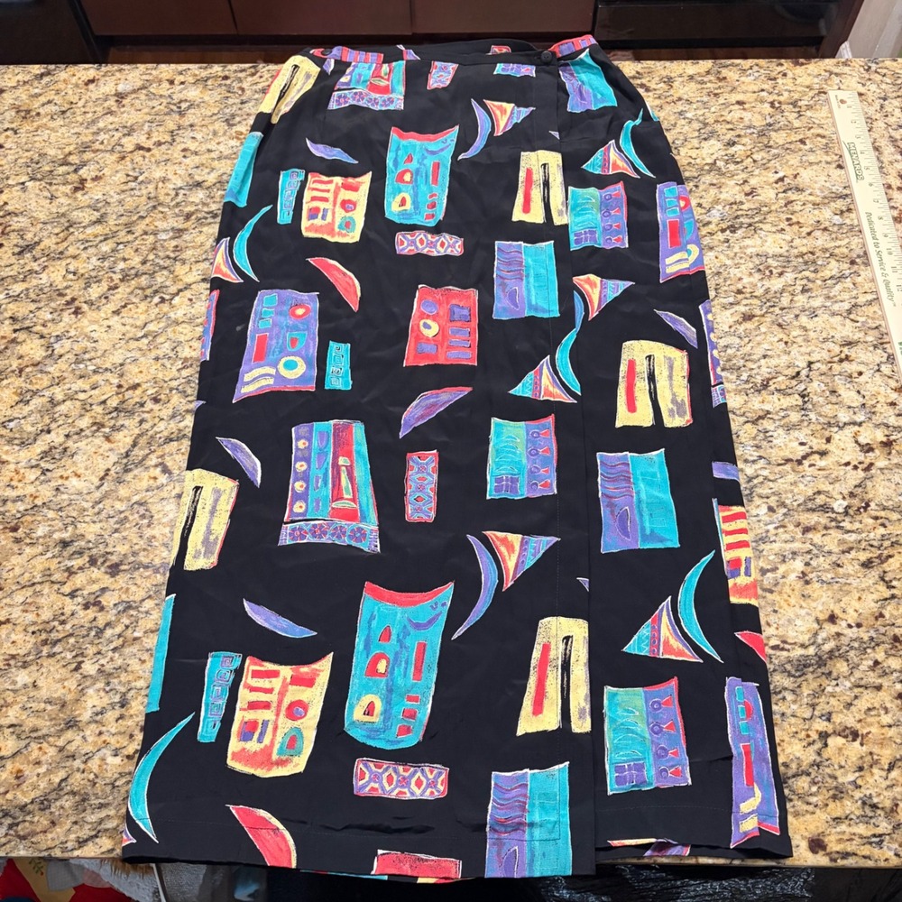 Vintage Bets by Canvasbacks Women Large Black Abstract Geometric Maxi Skirt ws